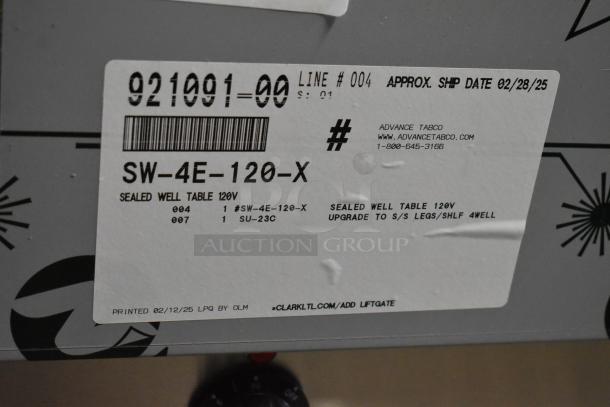 Brand new Advance Tabco SW-4E-120-X electric hot food table, four pans, undershelf, scratch and dent condition, label visible.