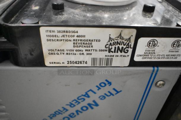 Brand new 2025 Carnival King 382RBD5G4 beverage dispenser, 5-gallon, 115V, 586W. Minor scratches; model and serial labels visible.