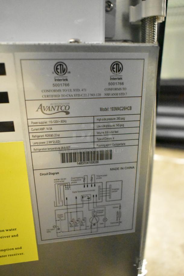 Avantco 193MAC26HCB 28" air curtain merchandiser label, showing power specs, model, and certifications. New, scratch and dent.