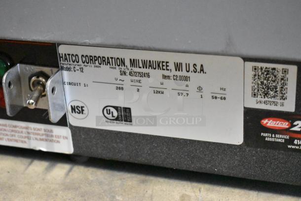 Hatco C-12 stainless steel commercial booster water heater label, 208V, 1 phase, showing NSF and UL certifications. Serial no. visible.