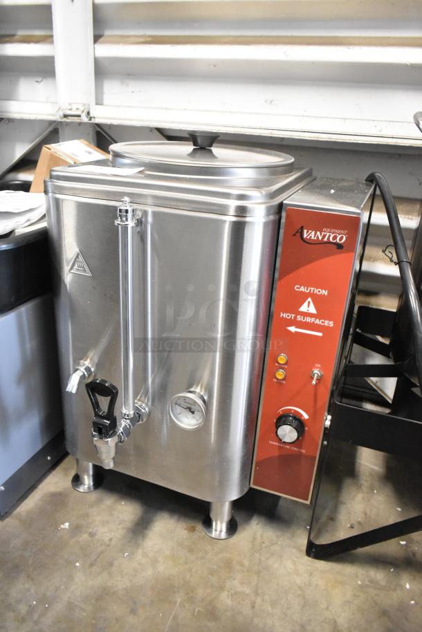 Brand new Avantco 177HWD10D 10-gallon stainless steel commercial hot water dispenser; 208/240V, 1-phase; minor cosmetic defects.