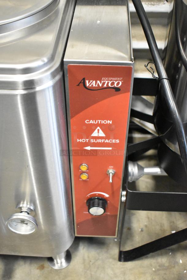 Brand new Avantco 177HWD10D stainless steel 10-gallon hot water dispenser. "Caution: Hot Surfaces" label. 208/240V, 1 phase.