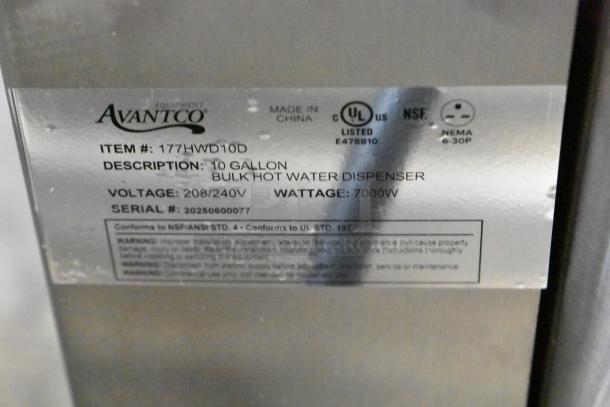 Brand new Avantco 177HWD10D Scratch and Dent 10-Gallon Hot Water Dispenser, stainless steel, 208/240V, 7000W, NSF Certified.