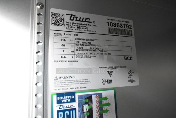 True T-35-HC cooler label showing model, voltage, phase, refrigerant details, and warning notes. Serial number 10363792.