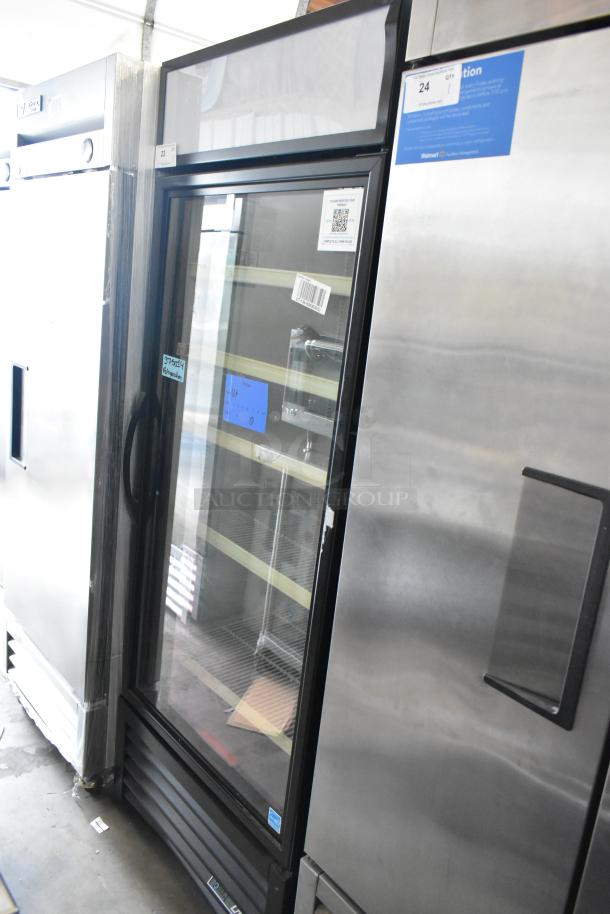 2024 True GDM-26-HC commercial single door cooler, glass front, poly-coated racks, metal exterior, 115 volts, 1 phase.