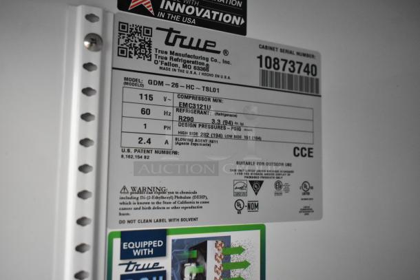 2024 True GDM-26-HC cooler label showing model, 115 volts, 1 phase, R290 refrigerant details, and warnings.