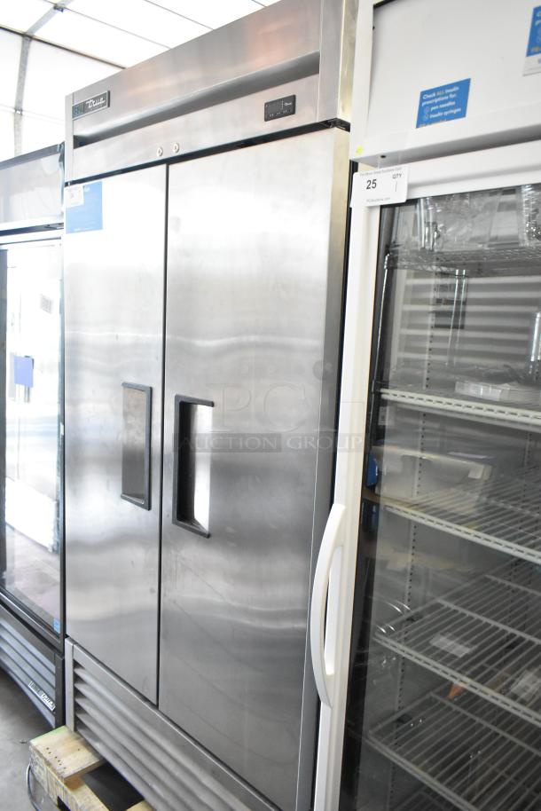 2018 True T-35-HC stainless steel commercial 2-door reach-in cooler with poly coated racks, 115 volts, 1 phase.