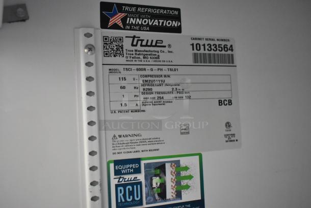 Label details for True TSCI-600R-G-PH cooler, showing model, serial number, voltage, refrigerant type, and design pressures.