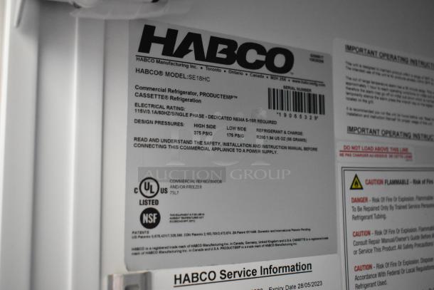 Label for 2019 Habco SE18HC cooler showing model details, 115V, 1 phase, certification marks, service information, and safety warnings.