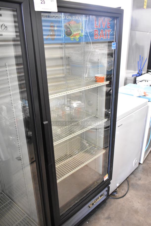 True GDM-12 Single Door Cooler Merchandiser with poly-coated racks, 115 volts, excellent condition, live bait signage.