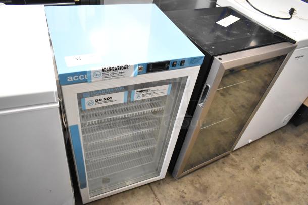 2 Metal Mini Coolers: Accucold ARG3PV with temperature label, and Arctic King ARV115B1AST, glass doors, 115V, 1 Phase.