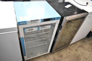 2 Metal Mini Coolers: Accucold ARG3PV with temperature label, and Arctic King ARV115B1AST, glass doors, 115V, 1 Phase.