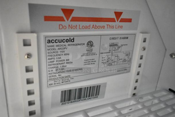 Accucold ARG3PV medical refrigerator label; 110V, 60Hz, 0.6A. Features include R600a refrigerant and circuit diagram.
