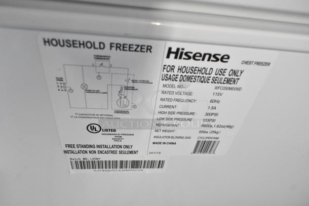 Hisense WFC050M6XWD metal chest freezer label, 115V, 1 phase, UL listed. Model, pressure, and refrigerant details shown.