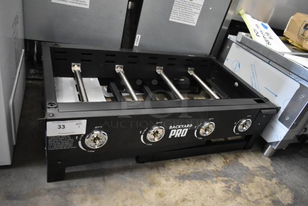 "Backyard Pro 36-inch steel propane griddle, 60,000 BTU, brand new with minor scratches, folding mobile design, visible controls."