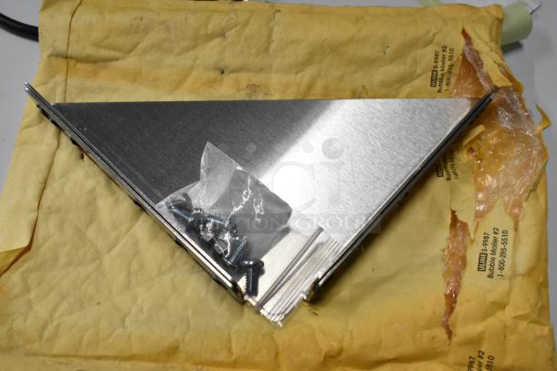 Stainless steel bracket with screws on a bubble mailer, for 2025 Advance Tabco HF-4E-240 steam table assembly.