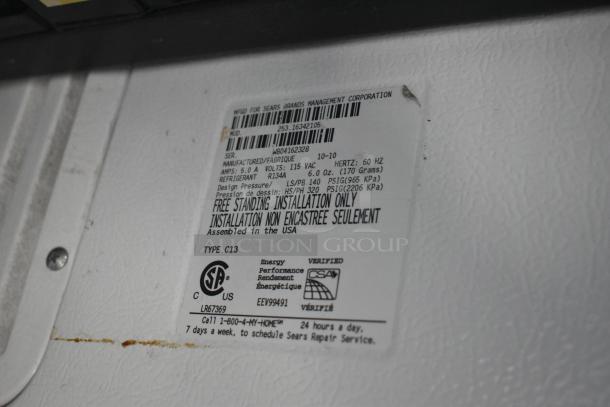 Kenmore 253.16342105 chest freezer label, showing model, voltage, and CSA certification. Assembled in USA.