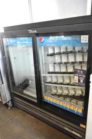 2019 True GDM-41SL-48-HC-LD commercial 2-door cooler, metal finish, poly-coated racks, Pepsi branding, 115V, 1 phase.