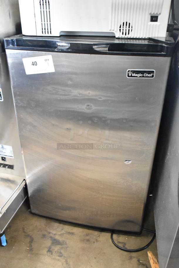 Magic Chef MCUF3S2 mini cooler, stainless finish, 115 volts, 1 phase, good condition, visible branding and tag number 40.