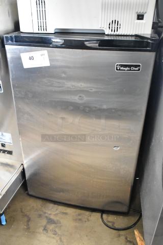 Magic Chef MCUF3S2 mini cooler, stainless finish, 115 volts, 1 phase, good condition, visible branding and tag number 40.