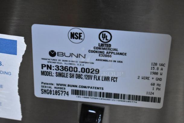 BRAND NEW 2024 Bunn SINGLE SH DBC Stainless Steel Coffee Machine with hot water dispenser. 120V, 1 Phase, metal brew basket.
