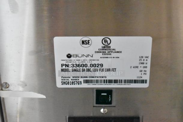 BRAND NEW 2024 Bunn SINGLE SH DBC Stainless Steel Coffee Machine, scratch and dent, NSF/UL labels visible, 120V, 1 phase.