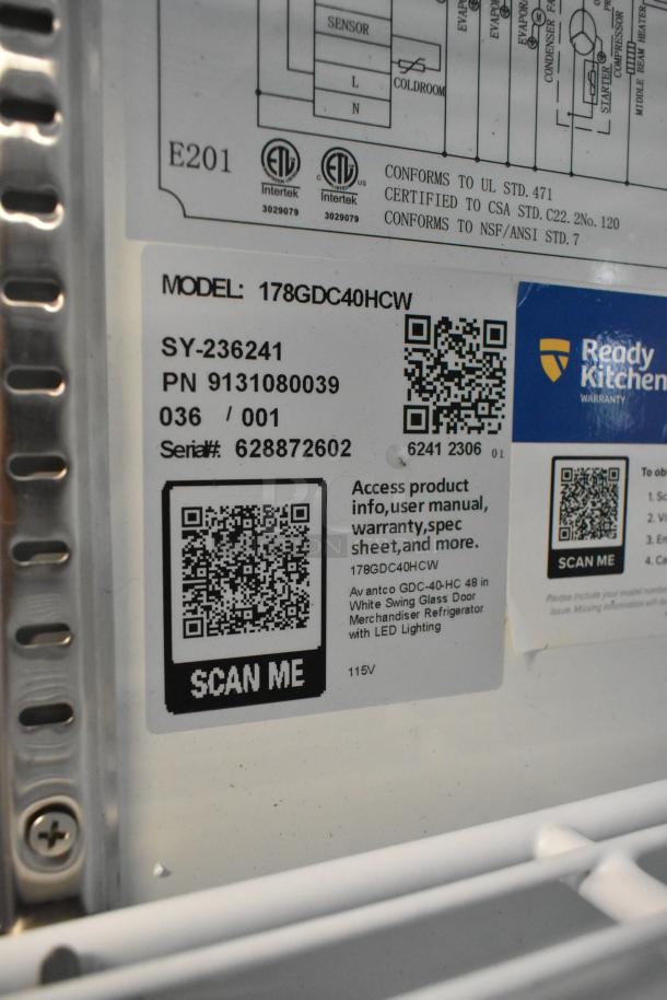2023 Avantco 178GDC40HCW glass door fridge label, showing model, serial number, and QR code for product info.