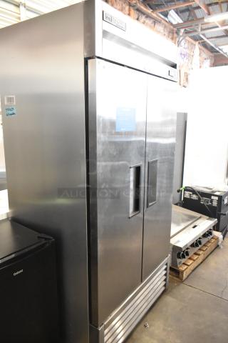 2021 True T-35-HC stainless steel 2-door commercial cooler with poly-coated racks, 115V, 1 phase, used condition.