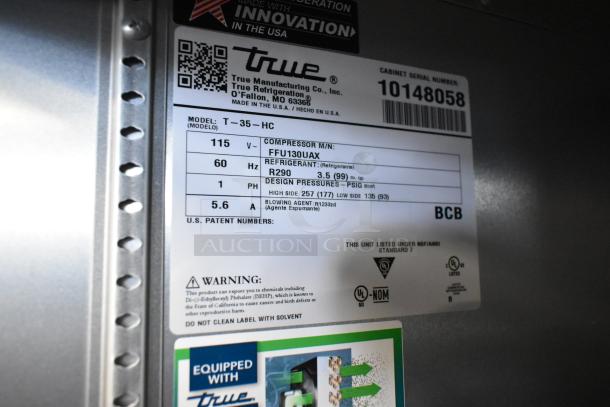 Label on 2021 True T-35-HC, showing model, refrigerant R290, and specs: 115V, 60Hz, 1PH, 5.6A, NSF/ANSI Standard 7.