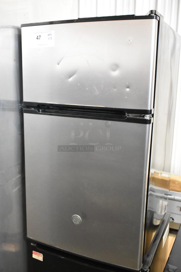 3 mini coolers including GE GDE03GLKBLR, 2 Galanz GL35BK. Stainless steel, minor dents, 115 volts, 1 phase, lot of 3.