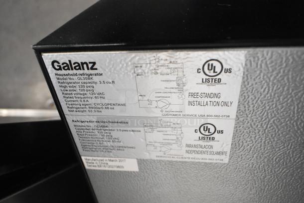 3 Mini coolers: General Electric GDE03GLKBLR, 2 Galanz GL35BK. 115V, 1 phase. Galanz label shows 3.5 cu. ft capacity and specs.