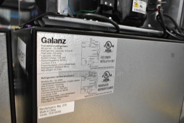 3 mini coolers: one General Electric GDE03GLKBLR, two Galanz GL35BK. All 115V, 1 Phase. Galanz tag visible with model info.