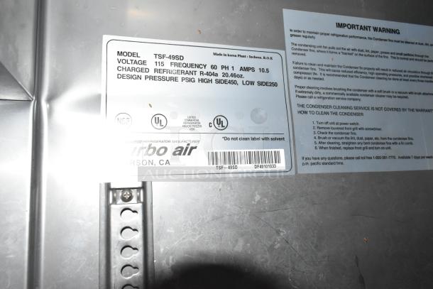 Turbo Air TSF-49SD label, showing model, voltage (115), frequency (60Hz), phase (1), and safety certifications.