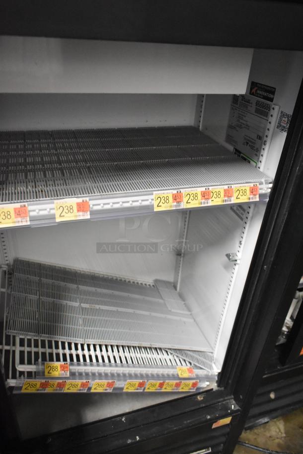 2019 True GDM-41SL-48-HC-LD commercial cooler, 2 doors, poly-coated racks, 115V, 1 phase, visible price tags.