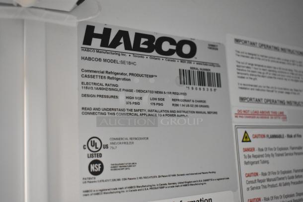 2019 Habco Model SE18HC single door reach-in cooler label showing electrical ratings and safety instructions.