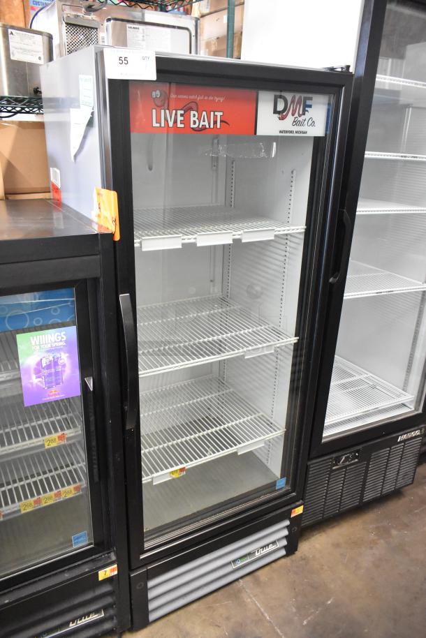 2020 True GDM-12-HC single door cooler, metal frame, poly-coated racks, 115 volts, 1 phase, excellent condition, branded “LIVE BAIT”.