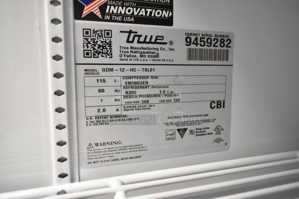 2020 True GDM-12-HC cooler label showing model, voltage (115V), refrigerant (R290), and compliance details.