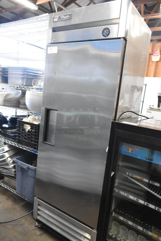 2017 True T-19F stainless steel commercial freezer with single door, poly-coated racks, on casters. 115V, 1 phase.