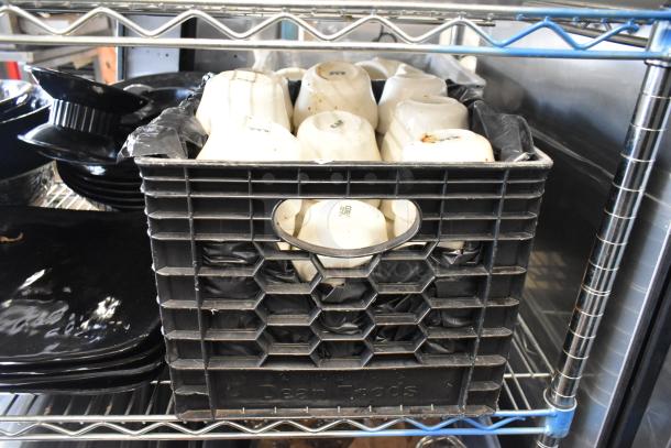 Metro lot includes stainless steel bins, chafer lids, salad plates, salad bowls in a crate. Shelving not included.