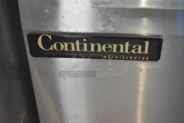 2018 Continental CPA93 stainless steel commercial pizza prep table, commercial casters, 115 volts, 1 phase, visible branding.