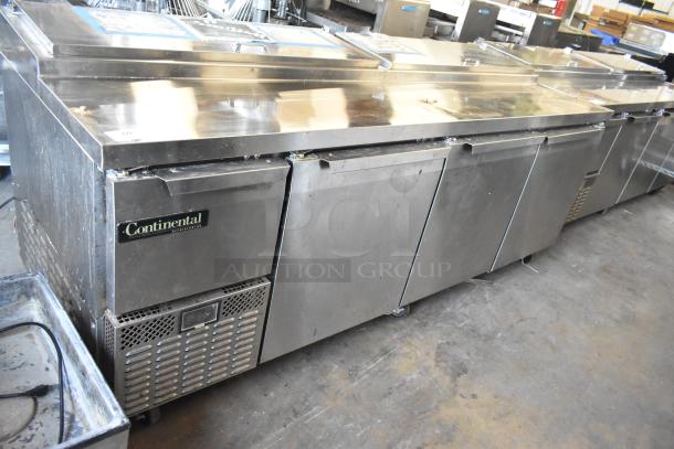 2018 Continental CPA93 stainless steel commercial pizza prep table on casters, 115V, 1 phase, visible branding, used condition.
