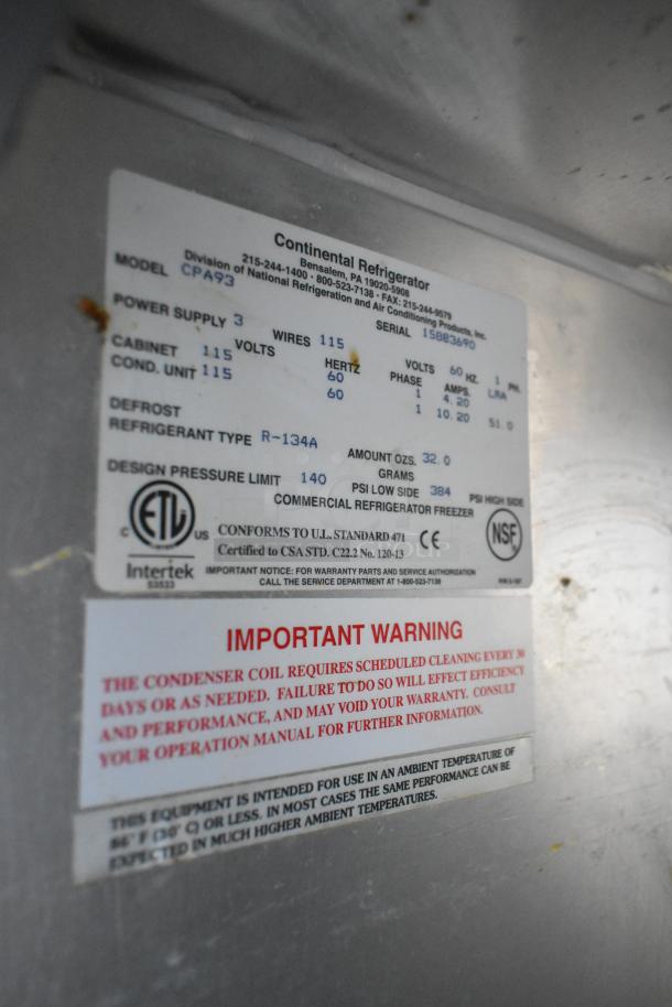 2018 Continental CPA93 Stainless Steel Commercial Pizza Prep Table label detailing specs, requiring 115 volts, 1 phase.