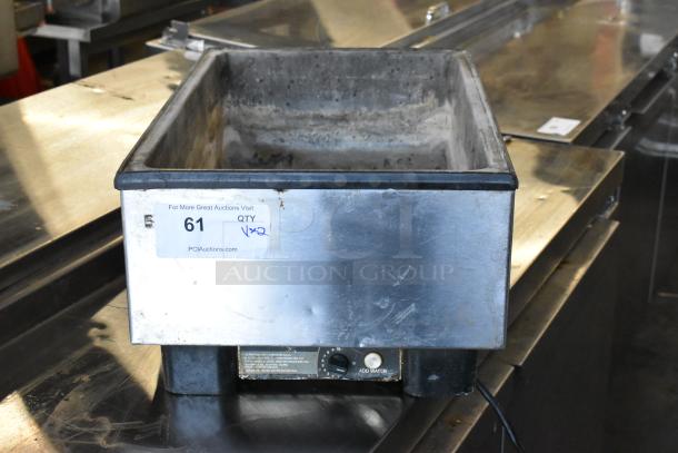 2 metal countertop food warmers: Vollrath 1001, Avantco 177W43. 115 volts, 1 phase. Auction tag #61 visible.