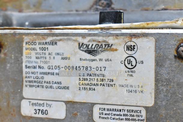 2 Commercial Food Warmers, Vollrath 1001 & Avantco 177W43. 115V, 1 Phase. Visible label reads 120V AC, 700W, NSF, UL listed.