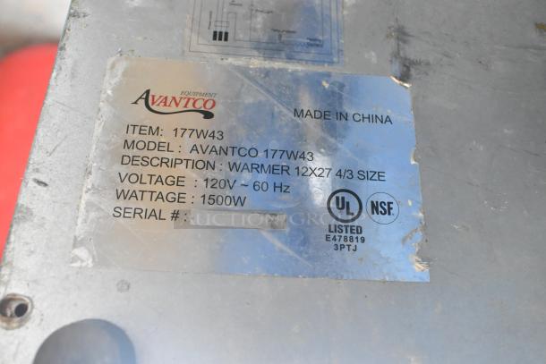 Label on Avantco metal food warmer model 177W43, 120V, 1500W, UL and NSF listed, showing voltage and size details.
