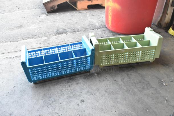 Lot includes metal wall mount shelf, metal frame, and two poly silverware caddies, blue and green, in good condition.