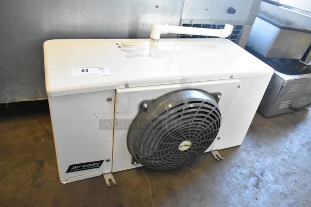 Turbo Air ADR068AM metal commercial evaporator fan, white casing, 115 volts, 1 phase, for walk-in box. Visible labels intact.