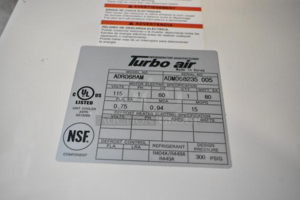 Turbo Air ADR068AM evaporator fan label, 115V, 1 phase, UL and NSF listed, R404A refrigerant, for commercial walk-in box.