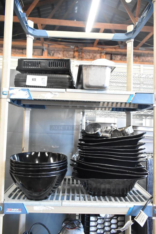 Two-tier shelf with black bowls, ChefMaster single burner butane range, and metal trays. Labels indicate quantity and lot number.