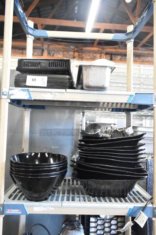 Two-tier shelf with black bowls, ChefMaster single burner butane range, and metal trays. Labels indicate quantity and lot number.